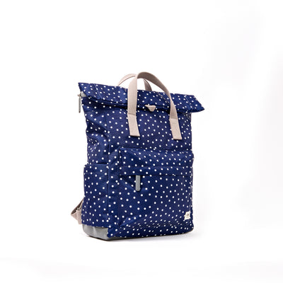 ROKA Canfield Roll Top Medium Backpack – Navy Polka Dot Recycled Canvas at Bibelot Leek UK Stockist