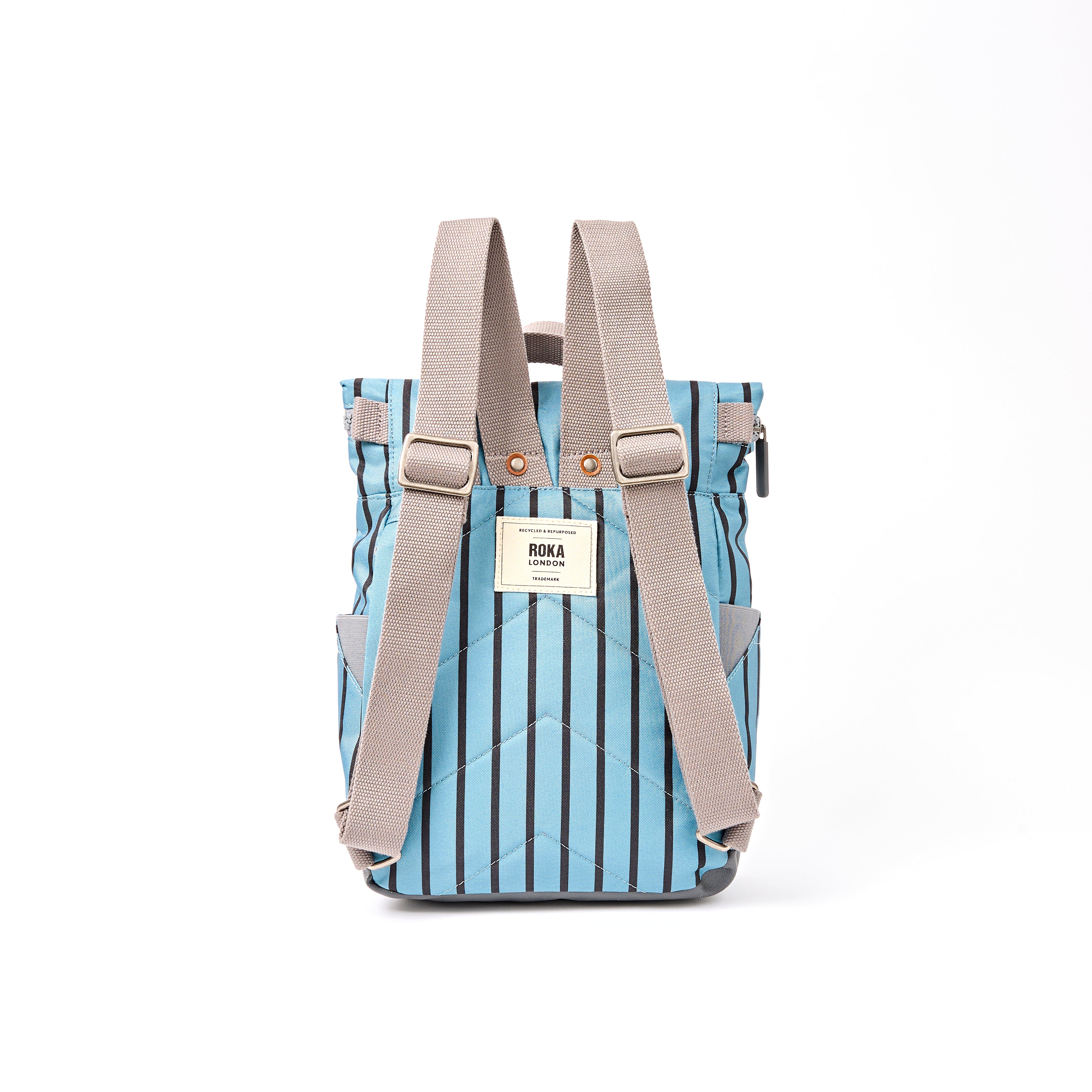 ROKA Canfield Roll Top Small Backpack – Blue Stripe Recycled Canvas at Bibelot Leek UK Stockist