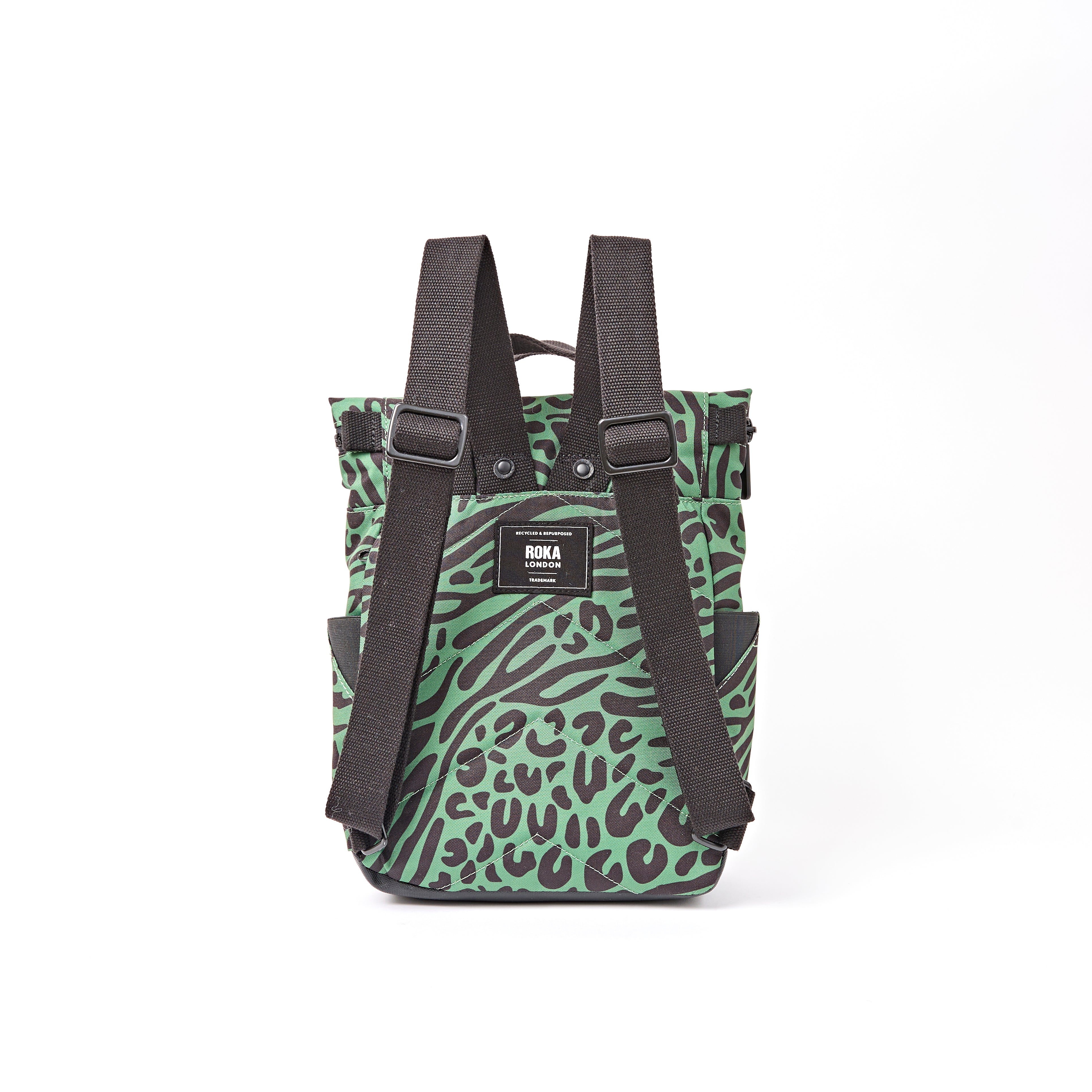 ROKA Canfield Roll Top Small Backpack – Mixed Animal Artichoke Recycled Canvas at Bibelot Leek UK Stockist