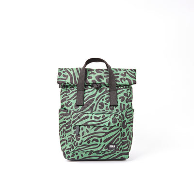 ROKA Canfield Roll Top Small Backpack – Mixed Animal Artichoke Recycled Canvas at Bibelot Leek UK Stockist