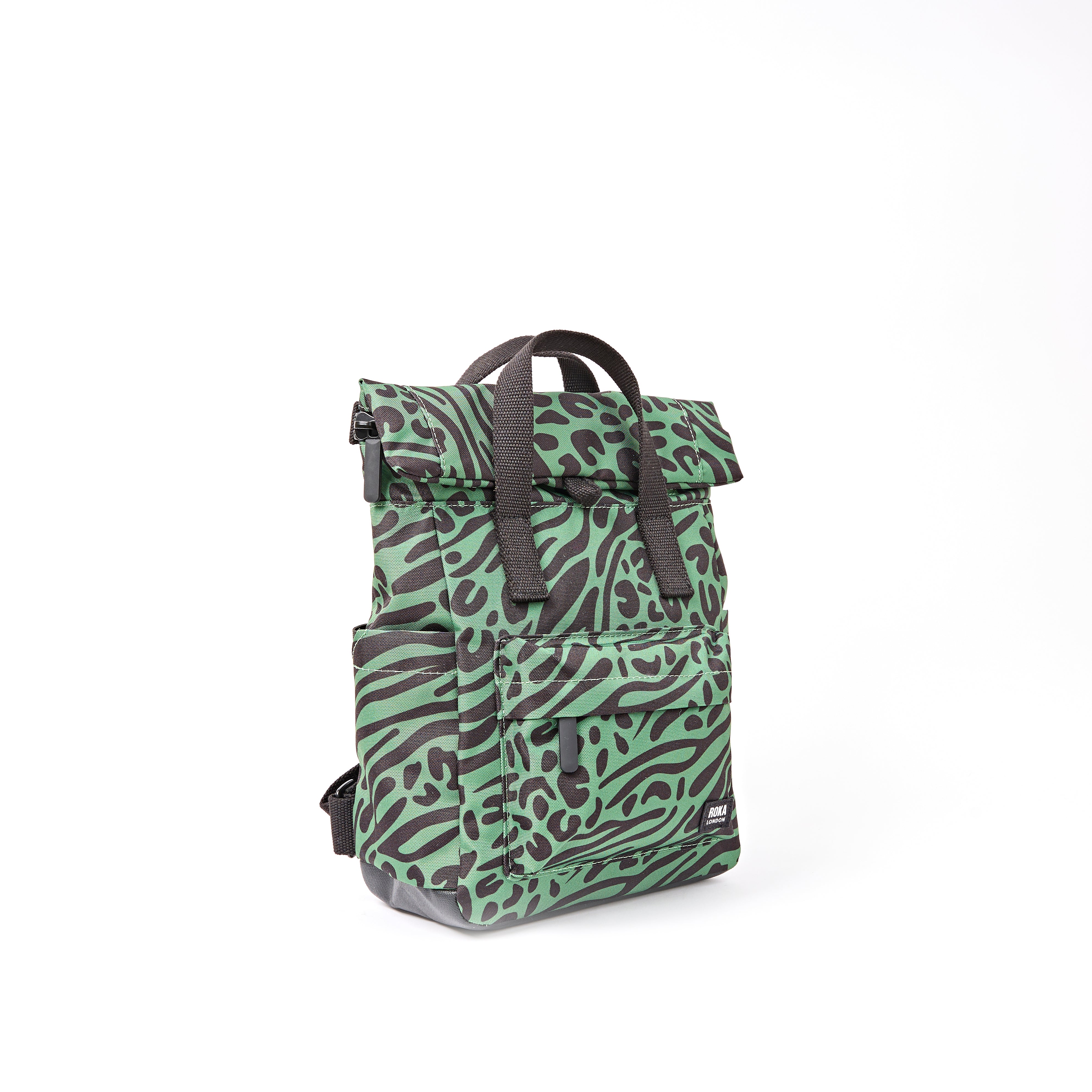 ROKA Canfield Roll Top Small Backpack – Mixed Animal Artichoke Recycled Canvas at Bibelot Leek UK Stockist