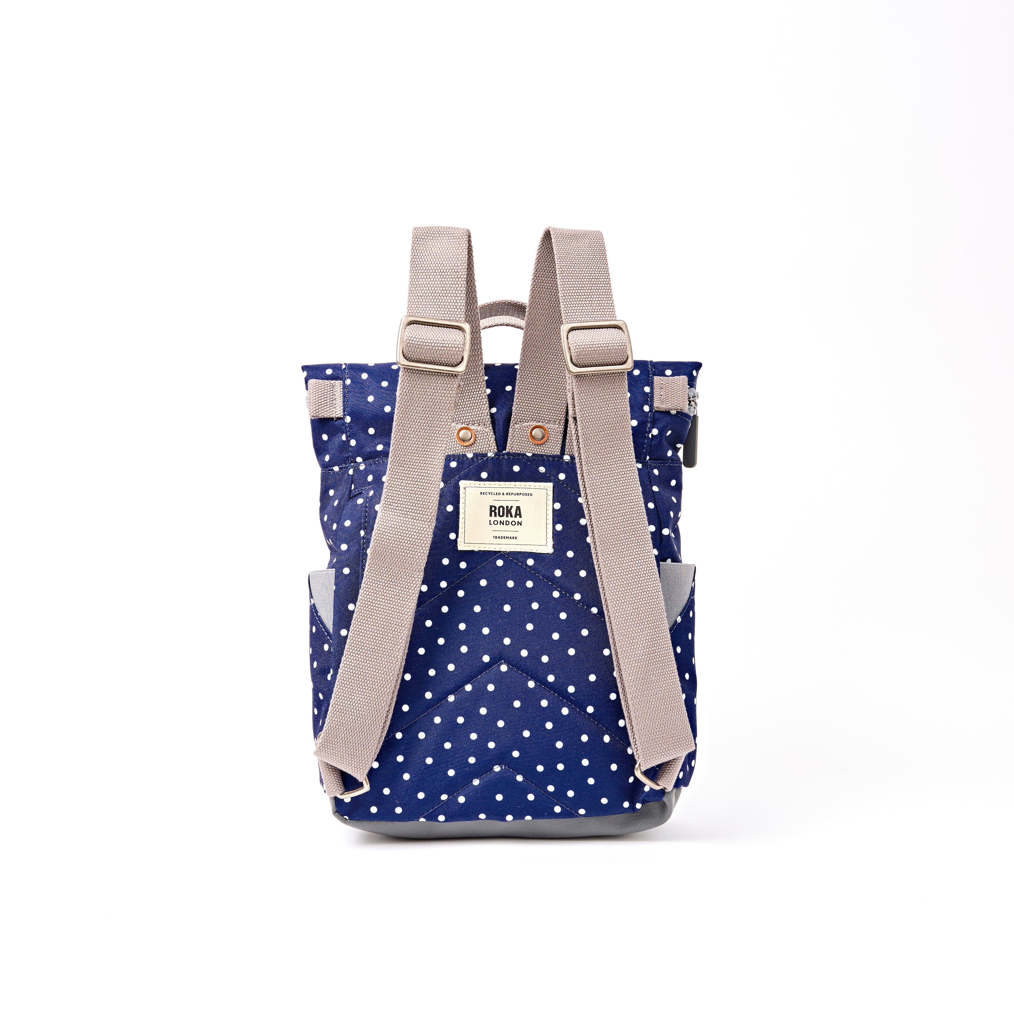 ROKA Canfield Roll Top Small Backpack – Navy Polka Dot Recycled Canvas at Bibelot leek UK Stockist