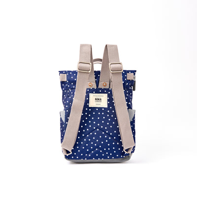 ROKA Canfield Roll Top Small Backpack – Navy Polka Dot Recycled Canvas at Bibelot leek UK Stockist