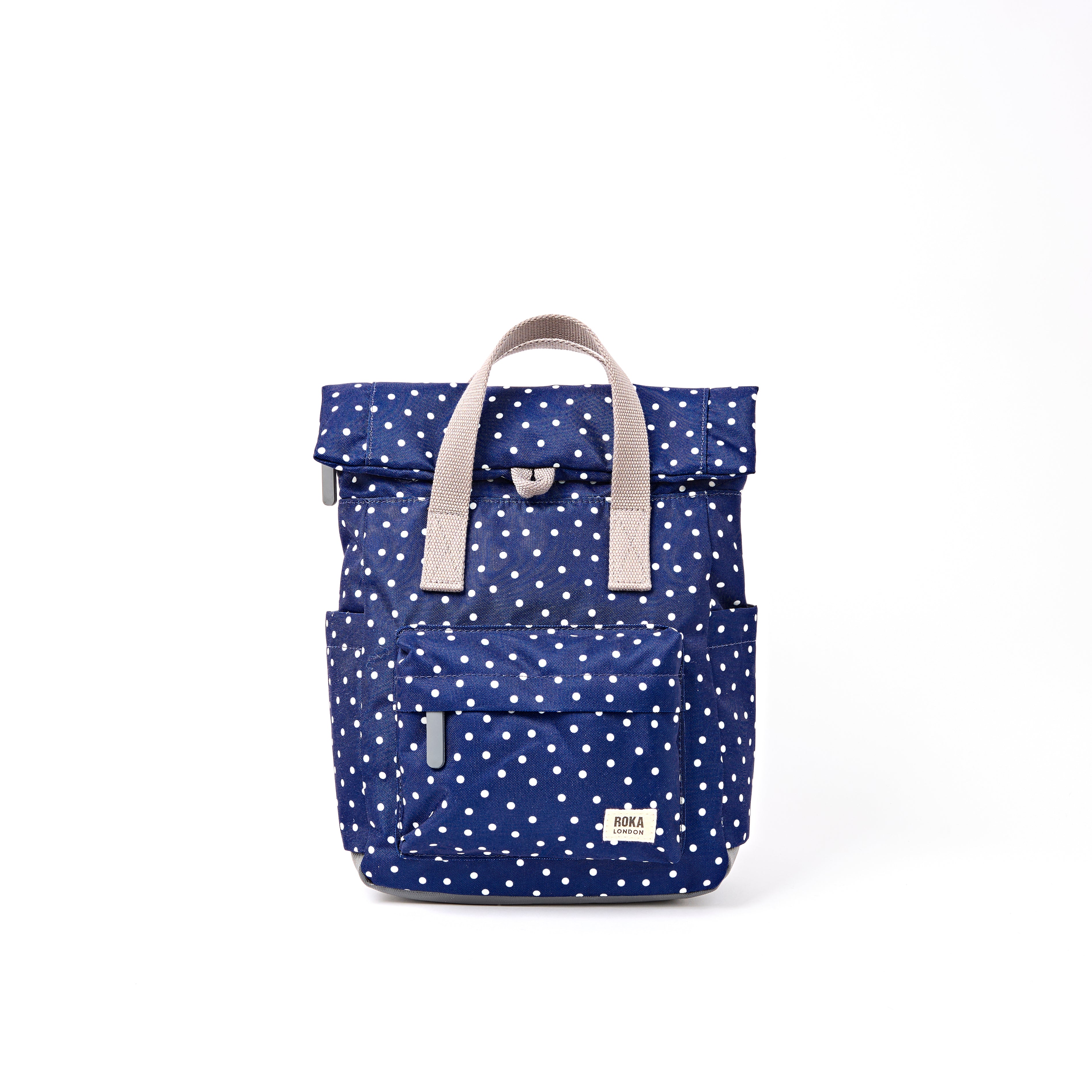 ROKA Canfield Roll Top Small Backpack – Navy Polka Dot Recycled Canvas at Bibelot leek UK Stockist