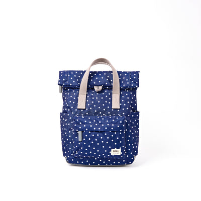 ROKA Canfield Roll Top Small Backpack – Navy Polka Dot Recycled Canvas at Bibelot leek UK Stockist