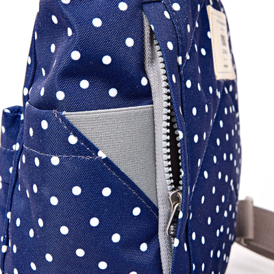 ROKA Canfield Roll Top Small Backpack – Navy Polka Dot Recycled Canvas at Bibelot leek UK Stockist