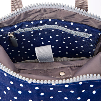 ROKA Canfield Roll Top Small Backpack – Navy Polka Dot Recycled Canvas at Bibelot leek UK Stockist