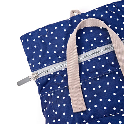 ROKA Canfield Roll Top Small Backpack – Navy Polka Dot Recycled Canvas at Bibelot leek UK Stockist