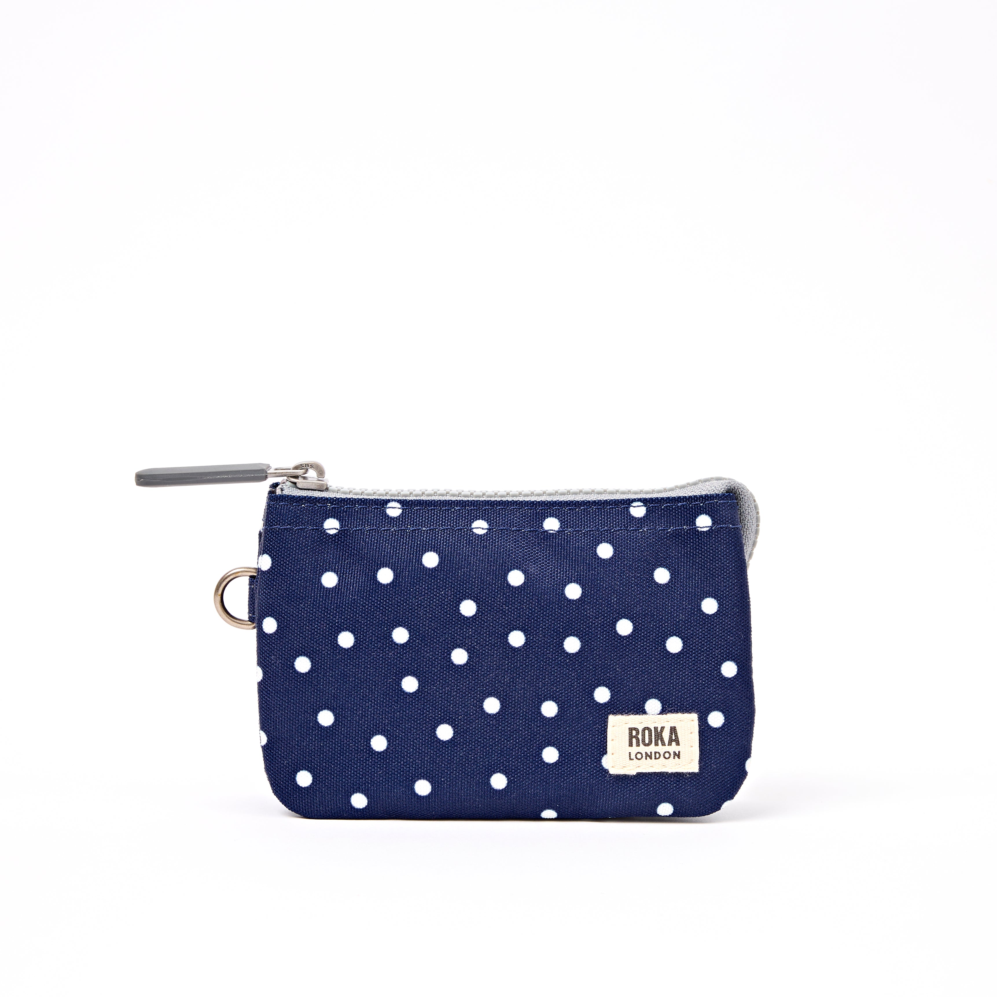 ROKA Small Carnaby Wallet – Navy Polka Dot Recycled Canvas at Bibelot Leek UK Stockist