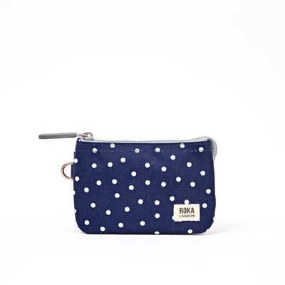 ROKA Small Carnaby Wallet – Navy Polka Dot Recycled Canvas at Bibelot Leek UK Stockist