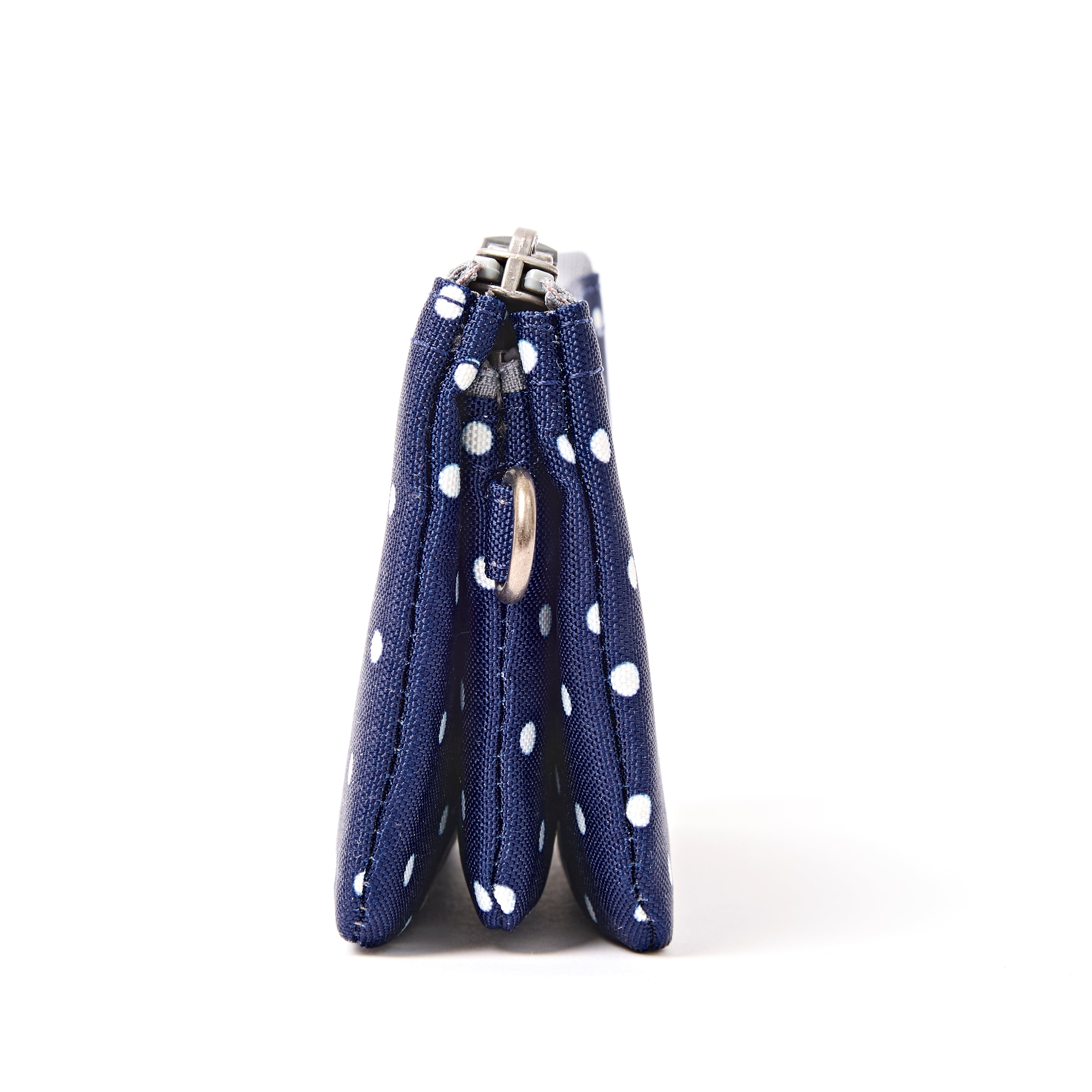 ROKA Small Carnaby Wallet – Navy Polka Dot Recycled Canvas at Bibelot Leek UK Stockist