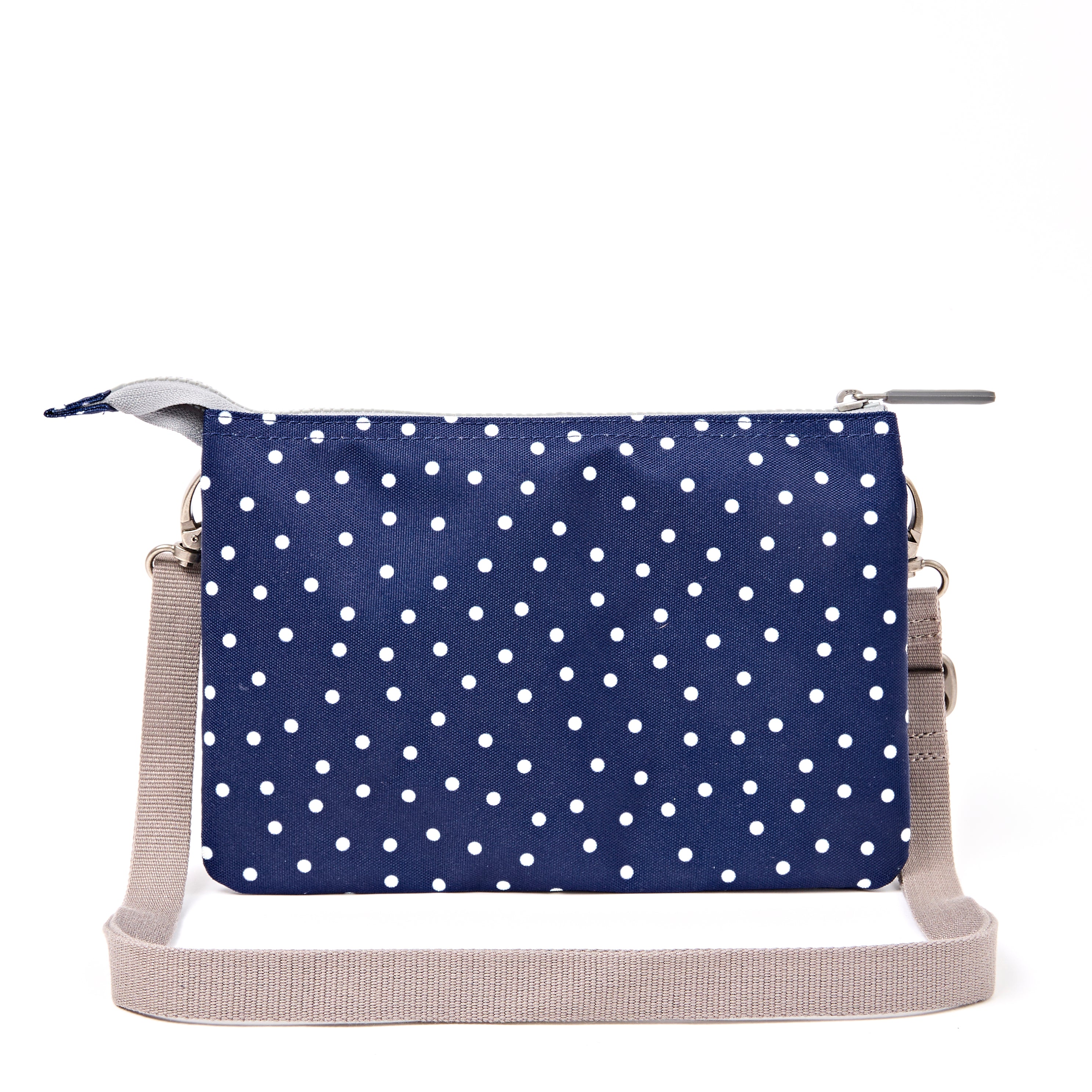 Roka Carnaby Crossbody XL Navy Polka Dot Recycled Canvas at Bibelot Leek UK Stockist