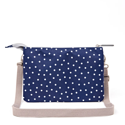 Roka Carnaby Crossbody XL Navy Polka Dot Recycled Canvas at Bibelot Leek UK Stockist