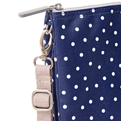 Roka Carnaby Crossbody XL Navy Polka Dot Recycled Canvas at Bibelot Leek UK Stockist