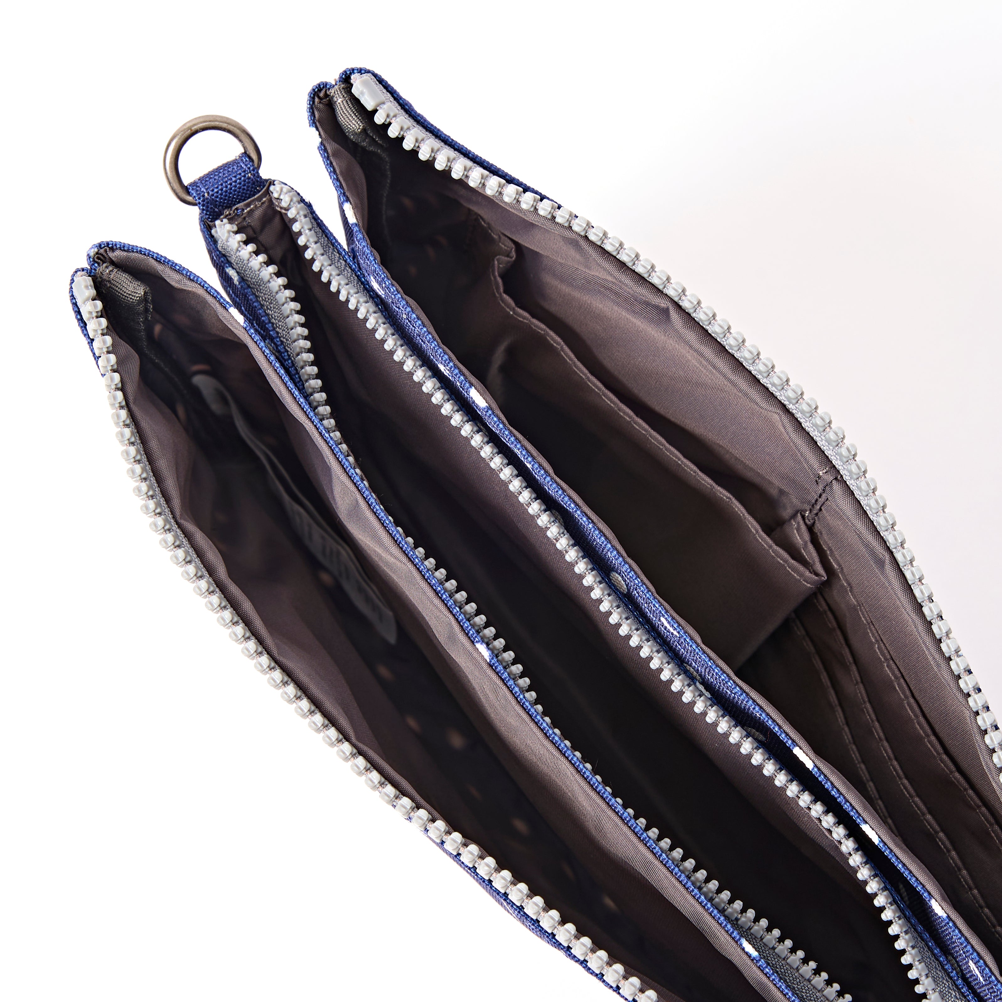 Roka Carnaby Crossbody XL Navy Polka Dot Recycled Canvas at Bibelot Leek UK Stockist