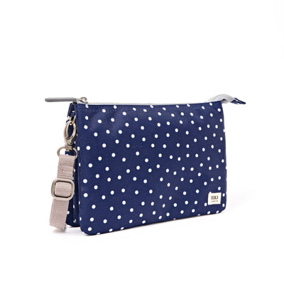 Roka Carnaby Crossbody XL Navy Polka Dot Recycled Canvas at Bibelot Leek UK Stockist