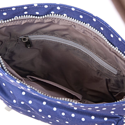 Roka Kennington Crossbody Bag Recycled Canvas: Navy Polka Dot at Bibelot Leek UK Stockist