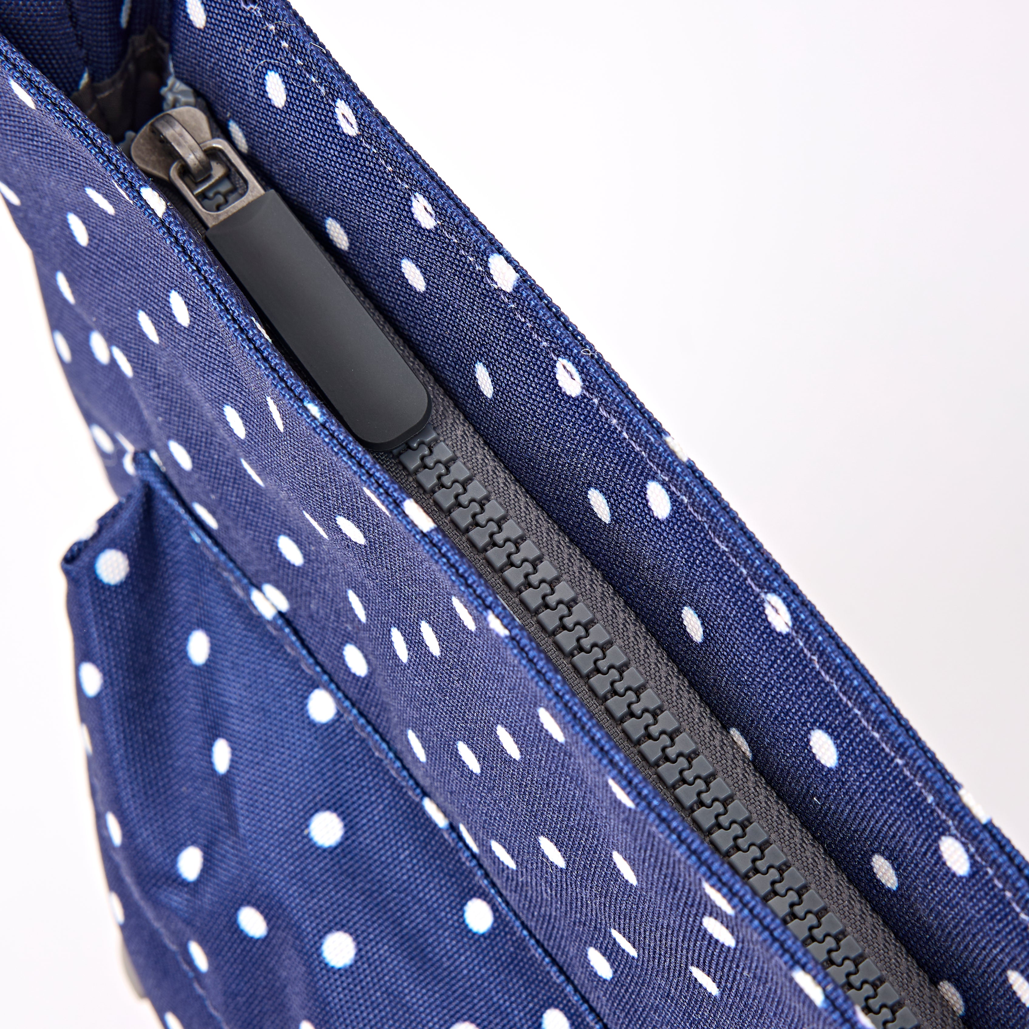 Roka Kennington Crossbody Bag Recycled Canvas: Navy Polka Dot at Bibelot Leek UK Stockist