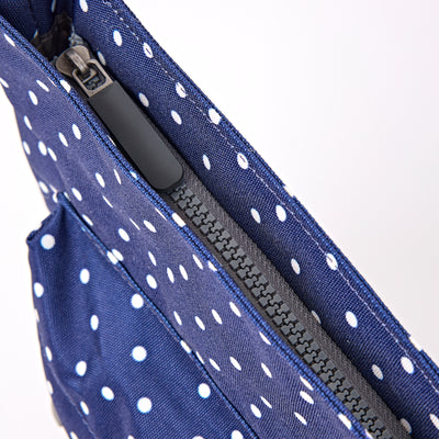 Roka Kennington Crossbody Bag Recycled Canvas: Navy Polka Dot at Bibelot Leek UK Stockist