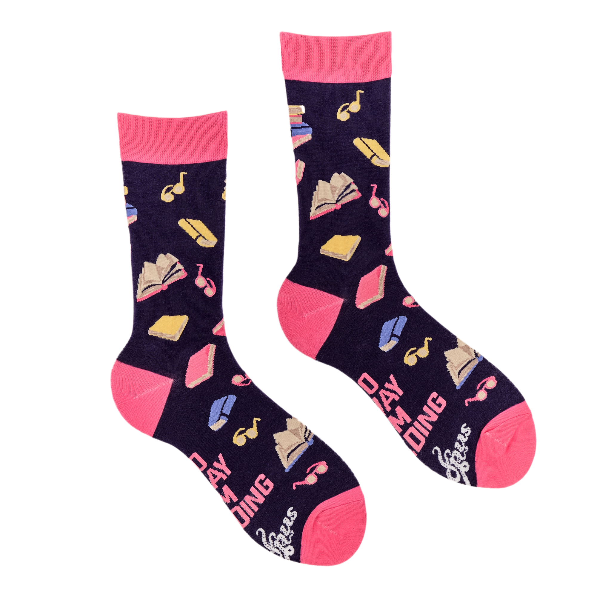 Pair of socks with book and music note pattern on a white background