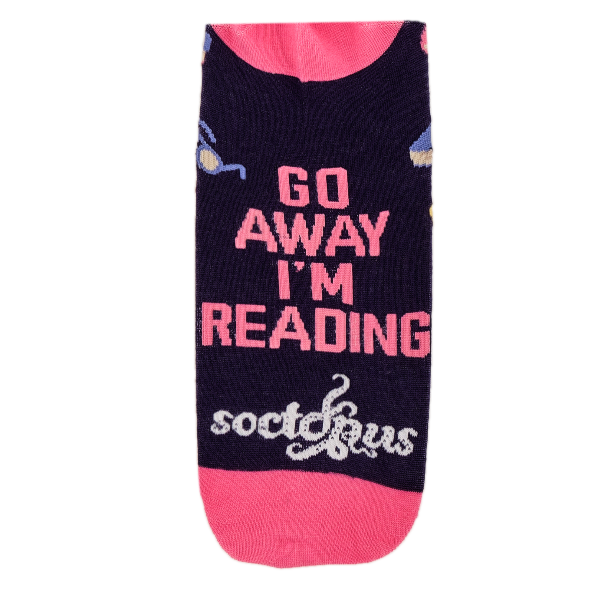 Sock with 'Go Away I'm Reading' text on a white background