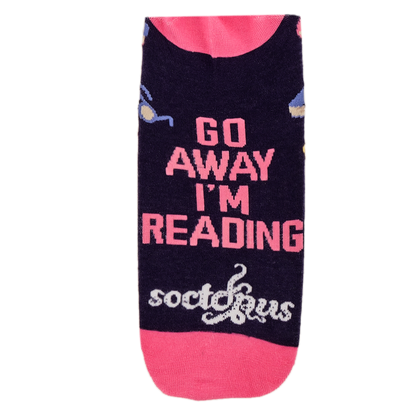 Sock with 'Go Away I'm Reading' text on a white background