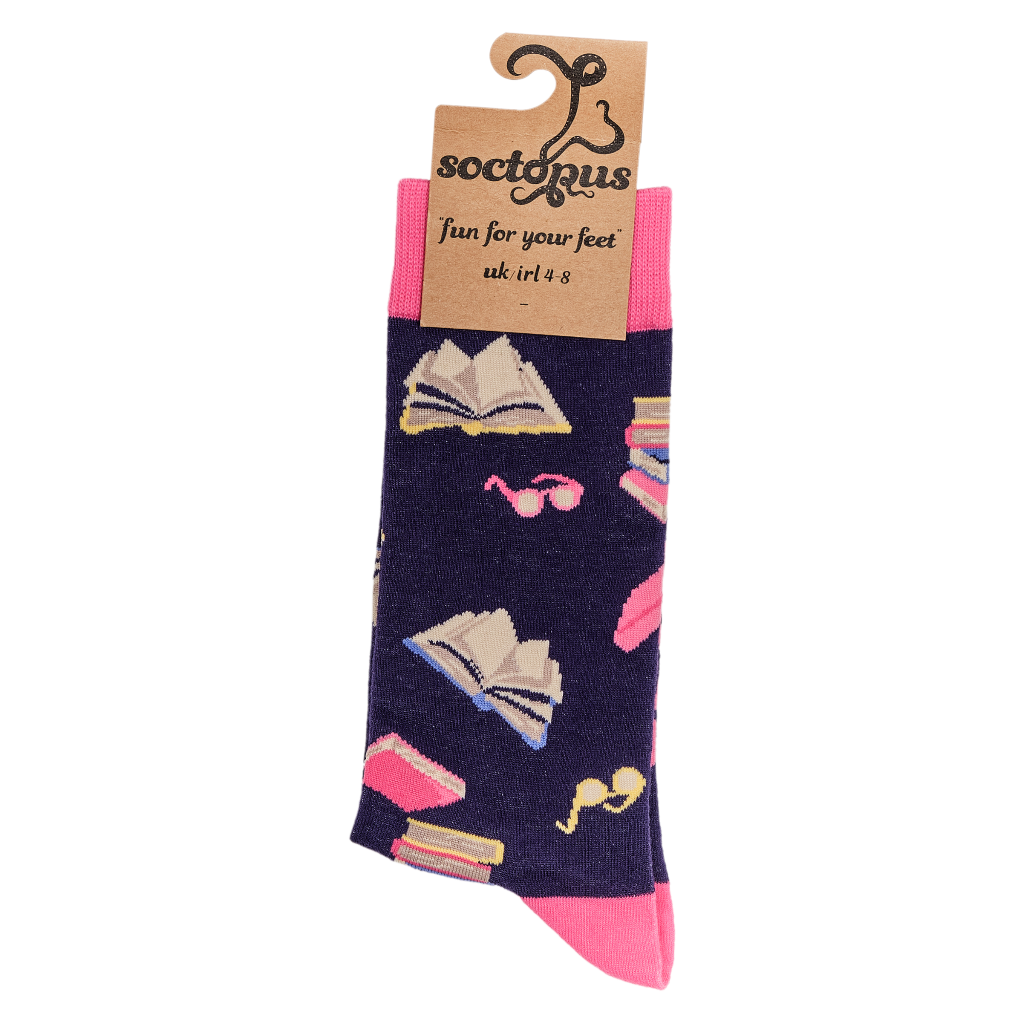 Sock with book and sunglasses pattern on a white background
