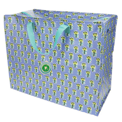 Blue storage box with green floral pattern and visible brand logo on a white background