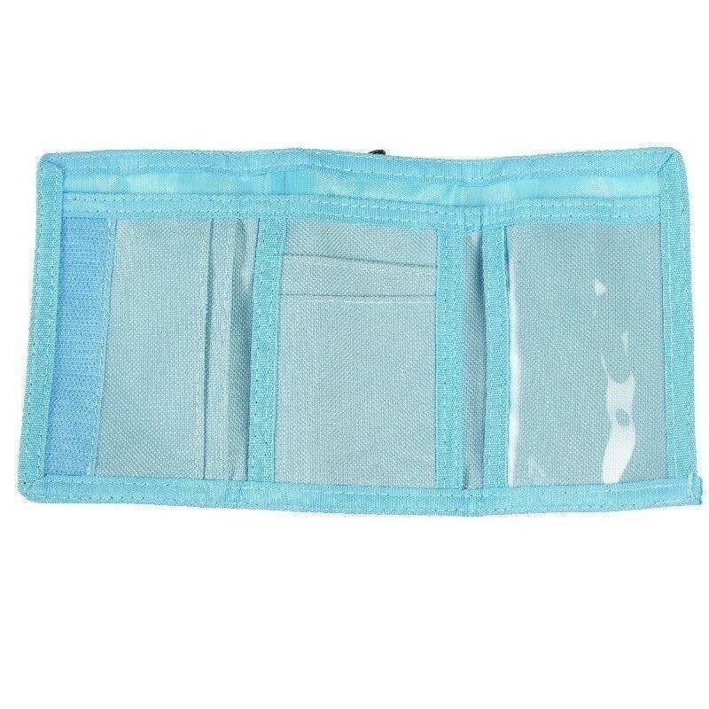 Light blue trifold wallet with clear card pockets on a white background