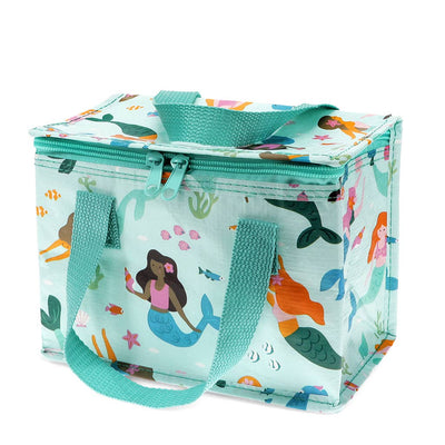 Insulated lunch bag with mermaid pattern on a white background