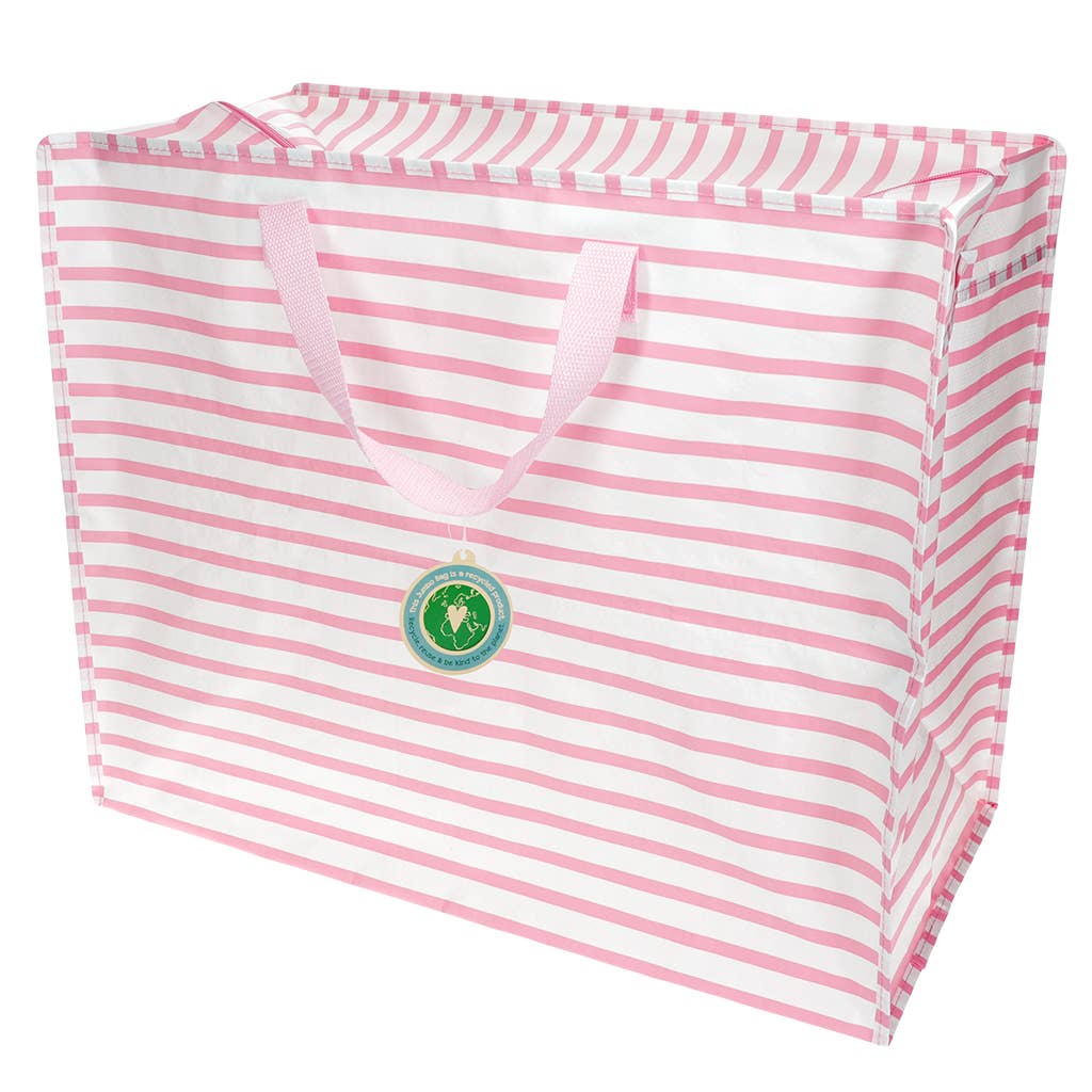 Pink and white striped bag with a logo on a white background