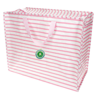 Pink and white striped bag with a logo on a white background
