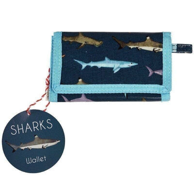 Shark-themed wallet with a tag labeled 'SHARKS Wallet' on a white background