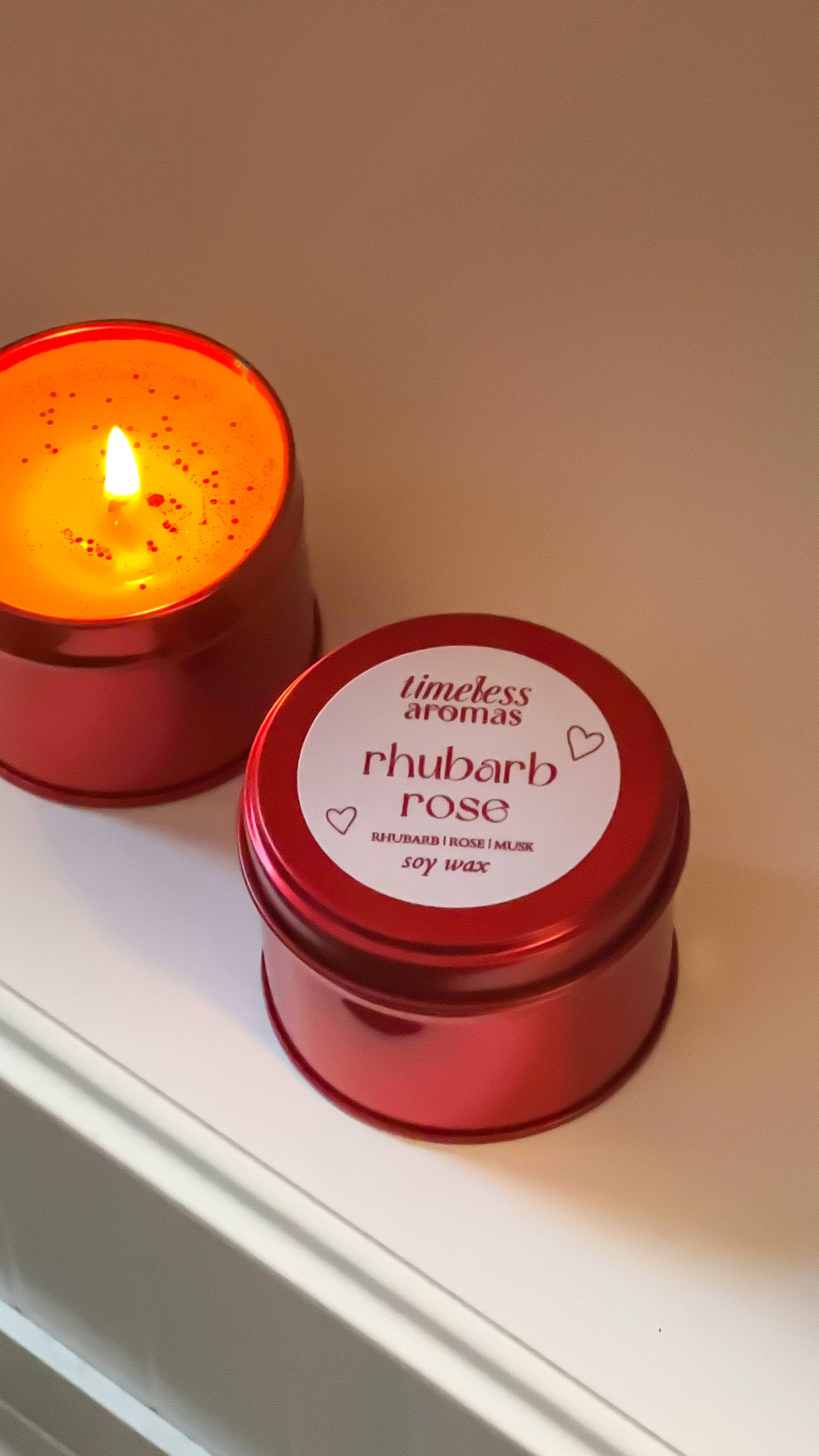 Rhubarb Rose Red Tin Candle - Luxury Soy Candle at Bibelot Leek