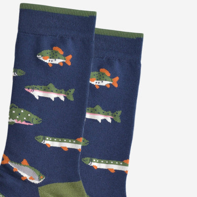 Navy socks with fish pattern on a white background