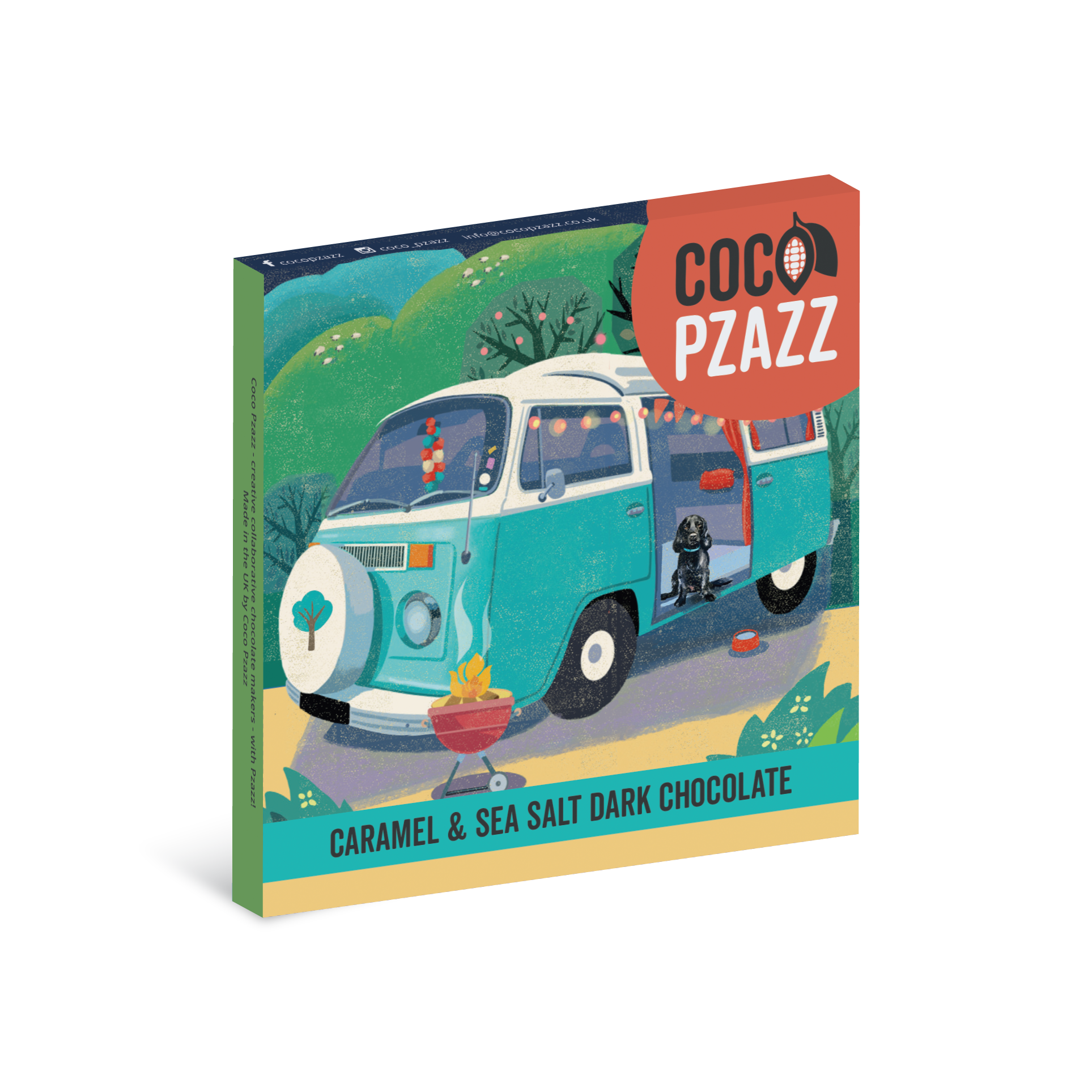 Coco Pzazz chocolate packaging with a vintage van illustration on a white background at Bibelot