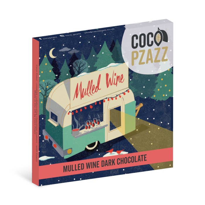 Coco Pzazz mulled wine dark chocolate packaging with a camper illustration on a white background