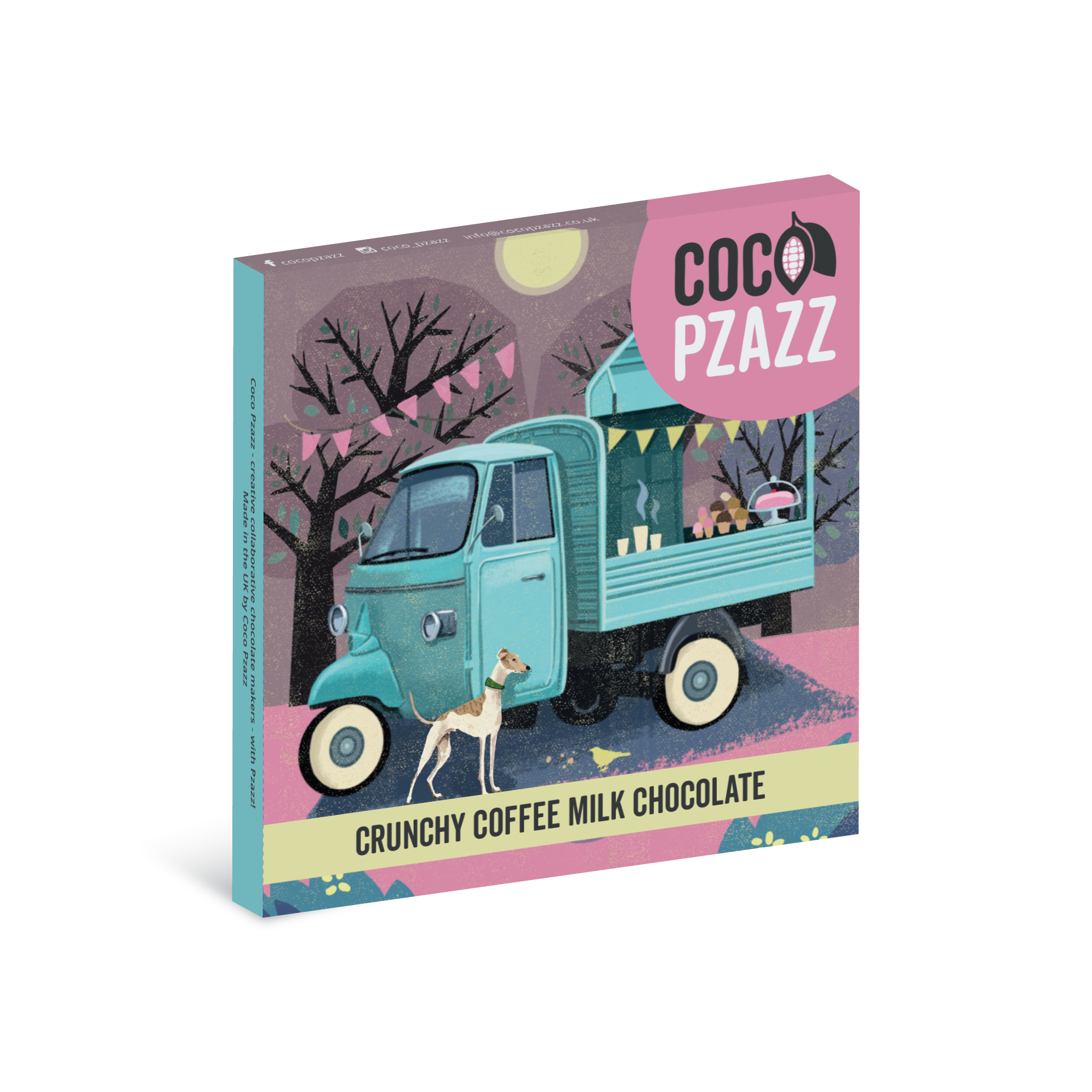 Coco Pzazz crunchy coffee milk chocolate packaging with a truck illustration on a white background at Bibelot