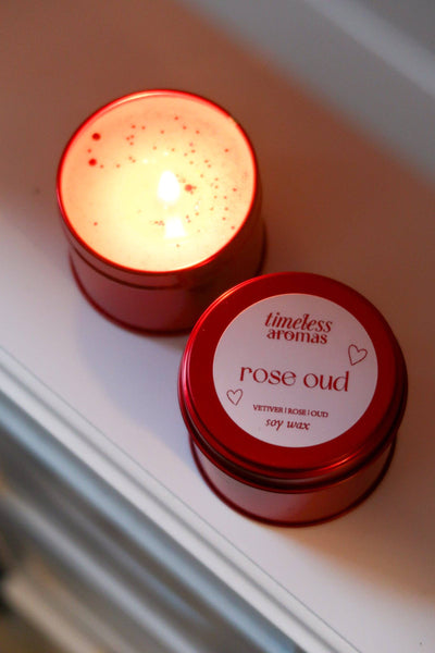 Rose Oud Red Tin Candle - Luxury Soy Candle at Bibelot, Leek