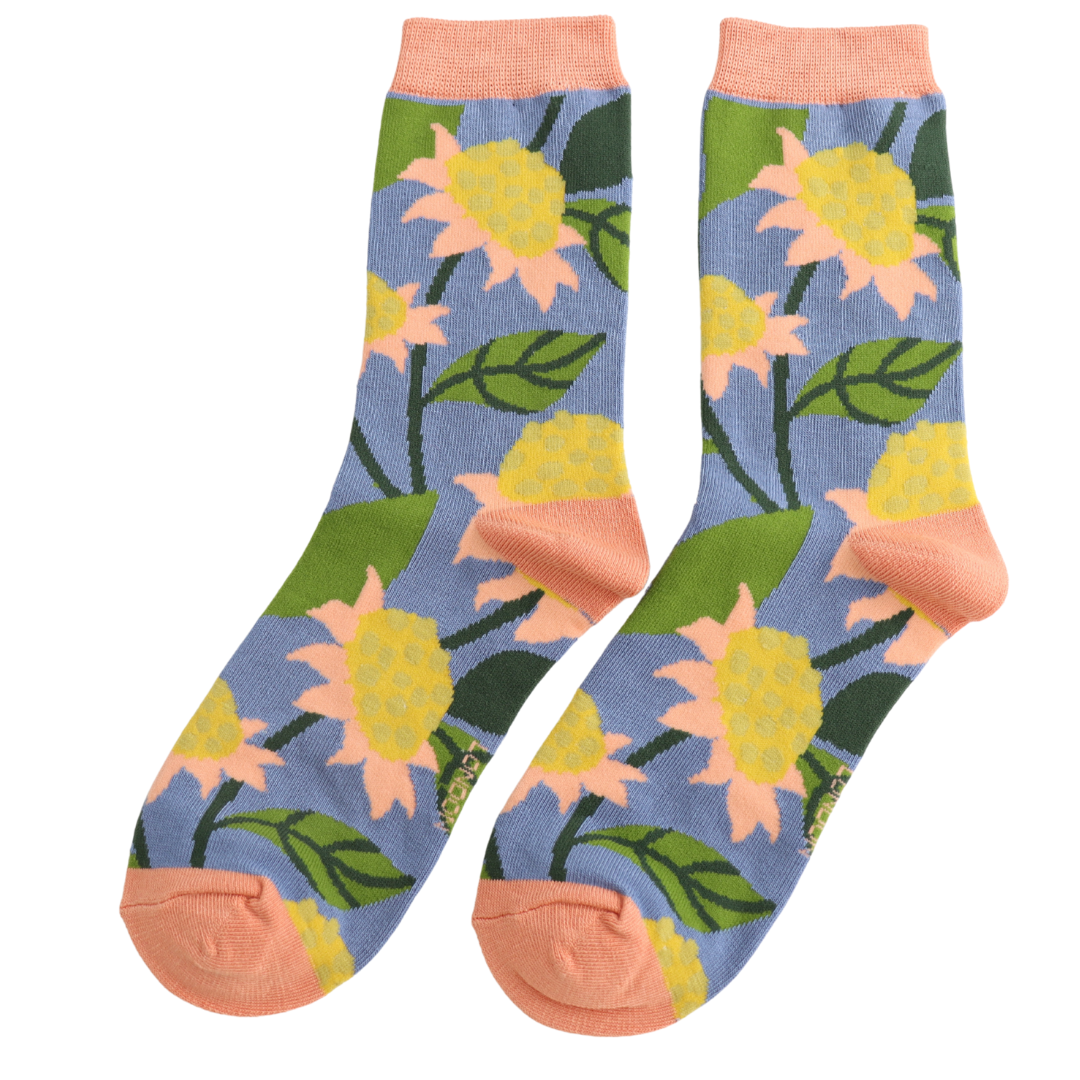 Miss Sparrow Echinaceas Socks Denim at Bibelot Leek