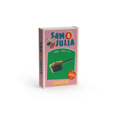 Box for a miniature saucepan toy with 'Sam & Julia' branding on a white background
