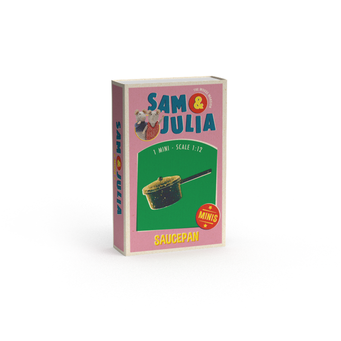 Box for a miniature saucepan toy with 'Sam & Julia' branding on a white background