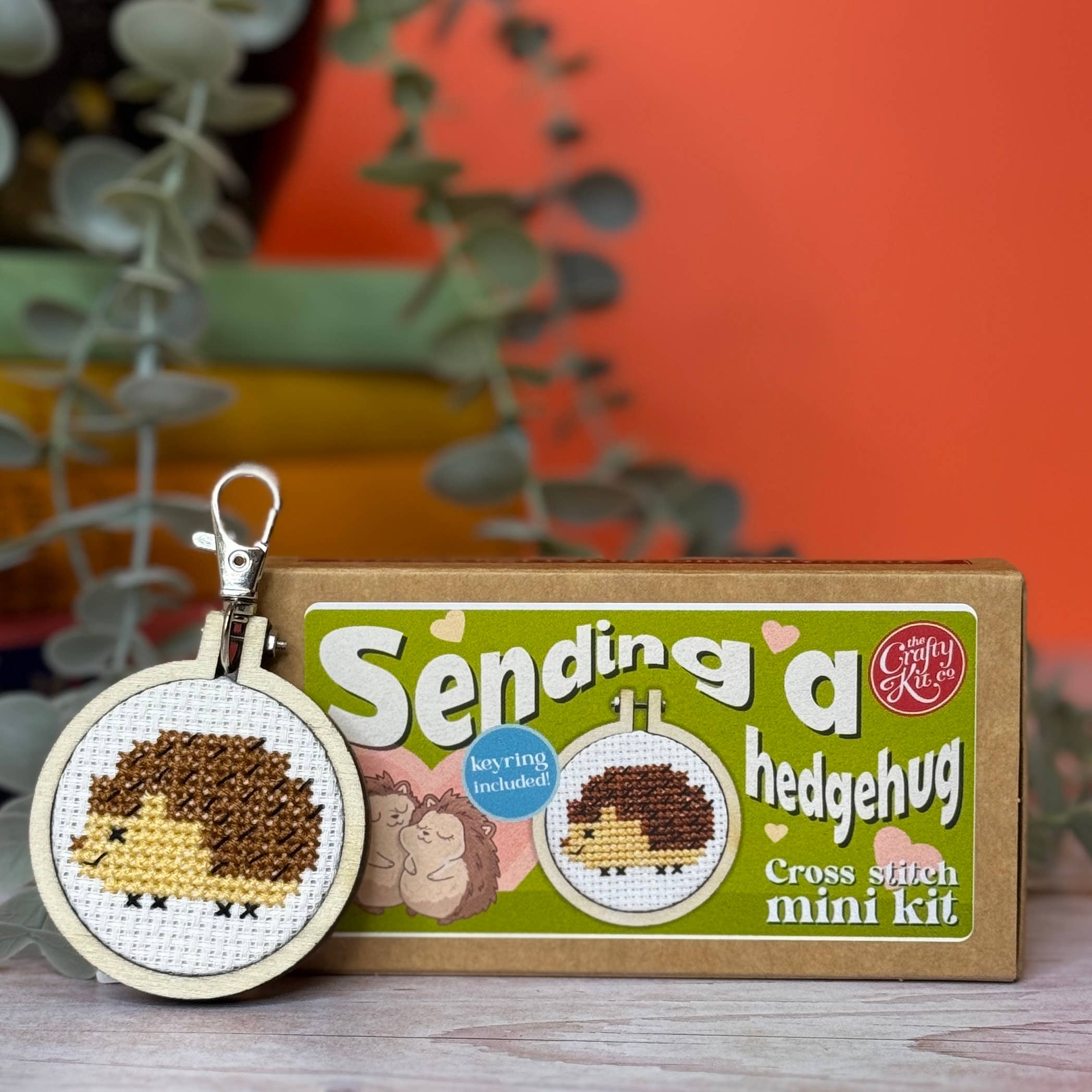 Cross stitch mini kit with hedgehog design and packaging labeled 'Sending a hedgehug' on a wooden surface.