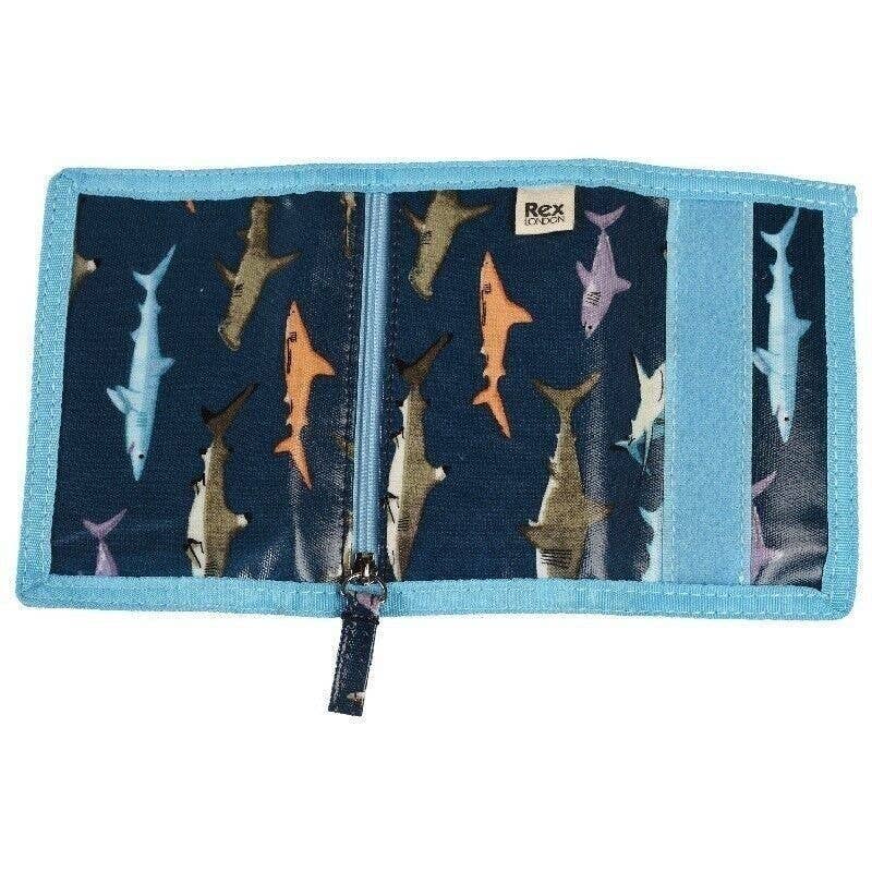 Trifold wallet with shark pattern on a blue background