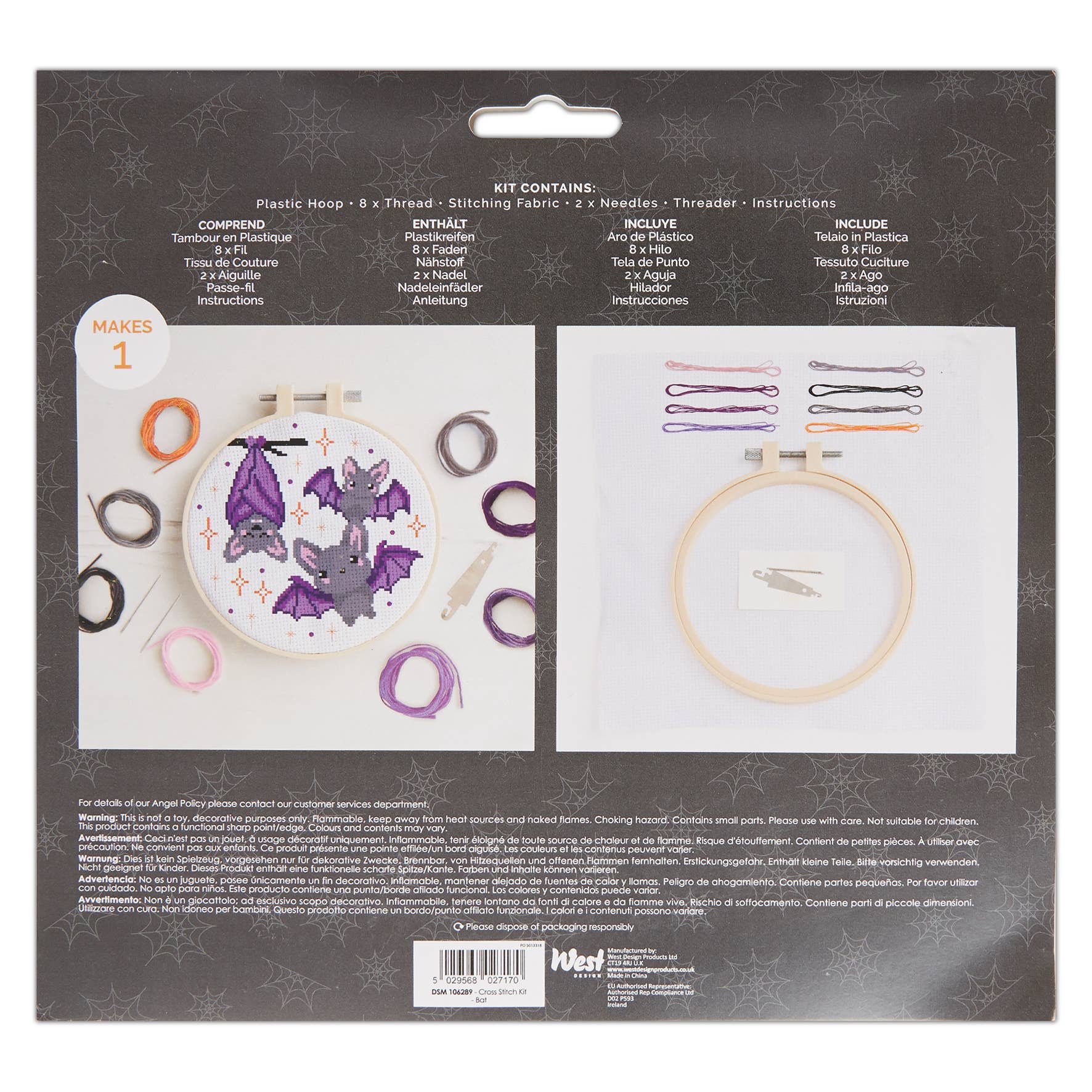 Embroidery kit packaging with bat design on a dark gray background