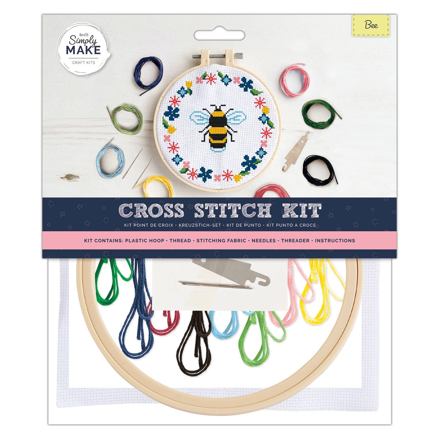 Cross stitch kit with hoop, thread, and bumblebee design on packaging