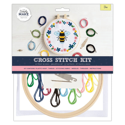 Cross stitch kit with hoop, thread, and bumblebee design on packaging