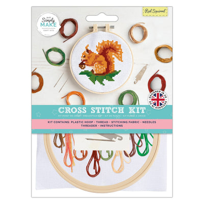 Cross stitch kit packaging with a squirrel design on a white background
