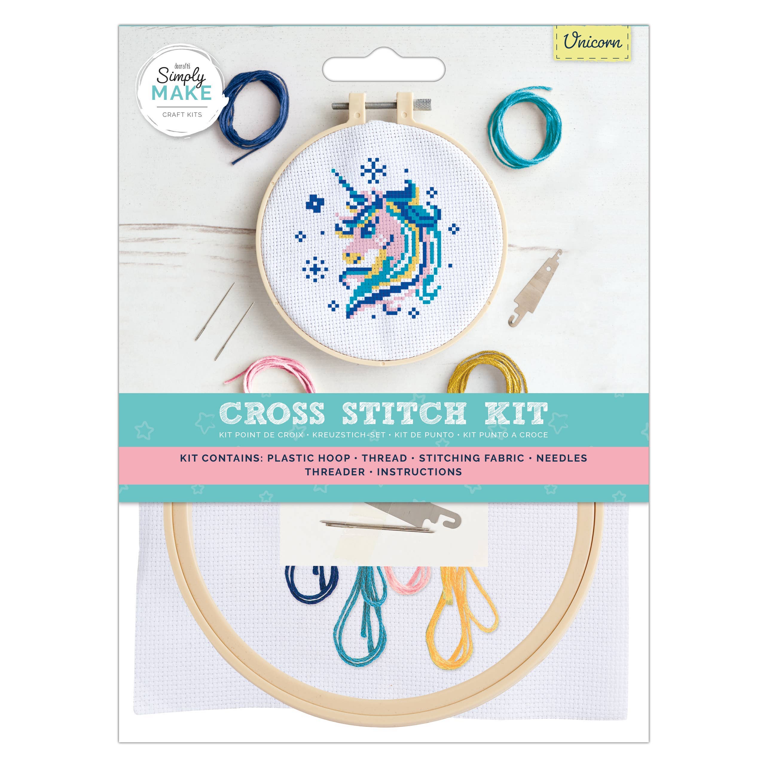 Cross stitch kit with unicorn design on packaging