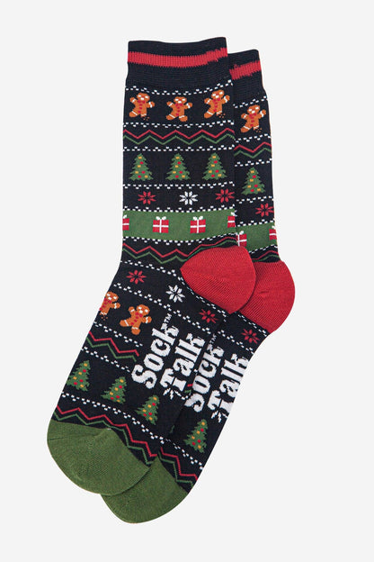Sock Talk Men's Bamboo Socks - Black/Khaki, Gingerbread Fair Isle